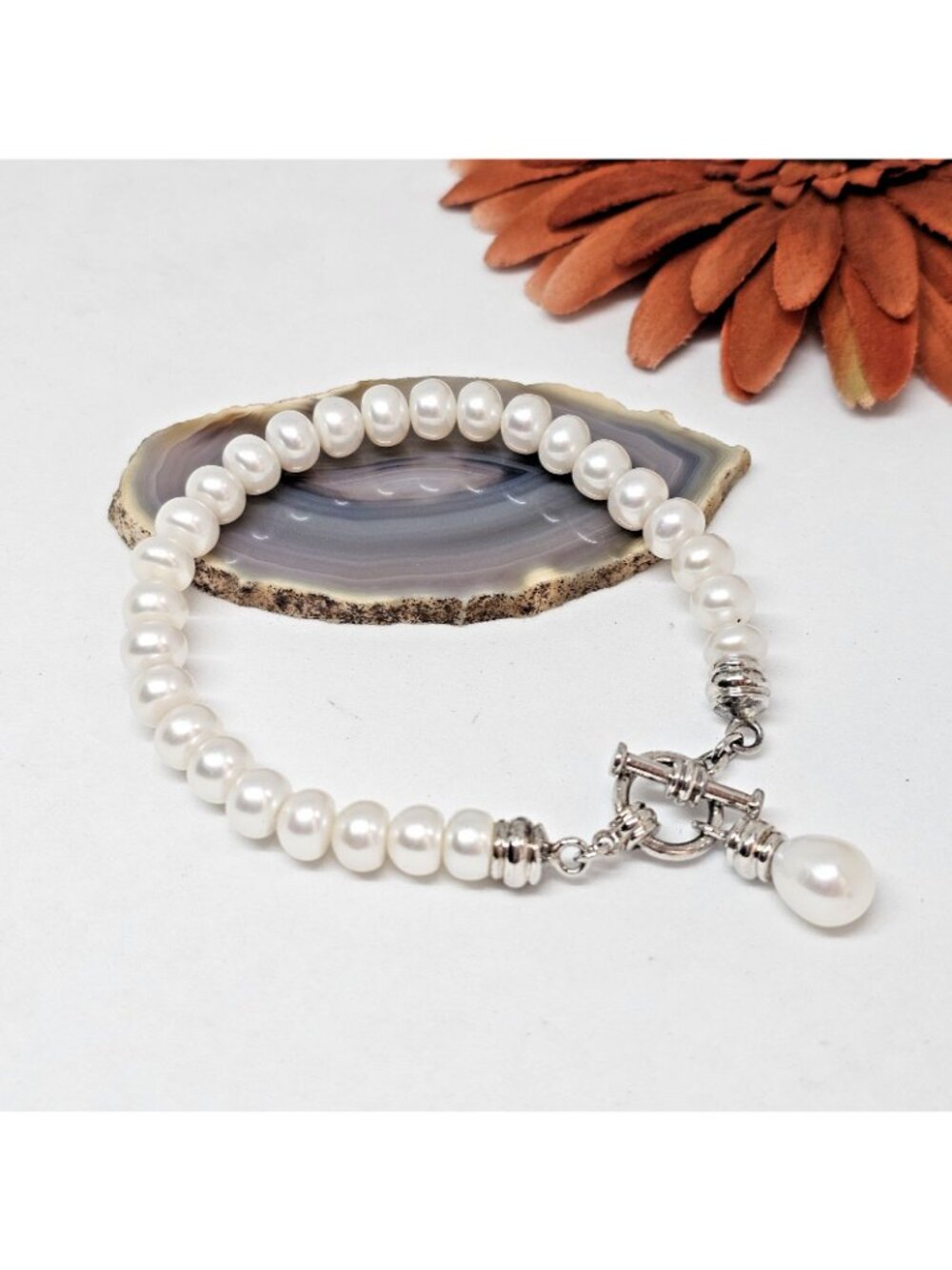 White Natural Button Pearl Charm Toggle Bracelet Silver Tone Statement Jewelry